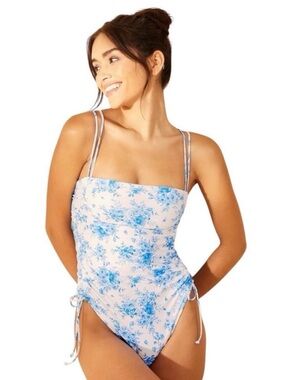NWT Wild Fable one piece cinch swimsuit high leg cheeky white and blue floral M